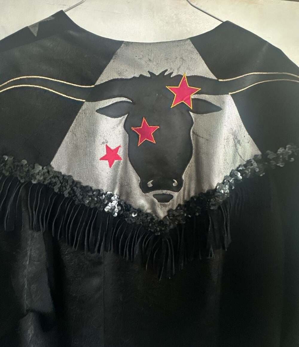 Lily Dong Couture Vintage Western Fringe Jacket with Sequin Longhorn and Stars